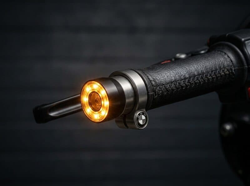 Motorcycle LED turn signal on handlebar — bar-end indicator by Dapper Motor