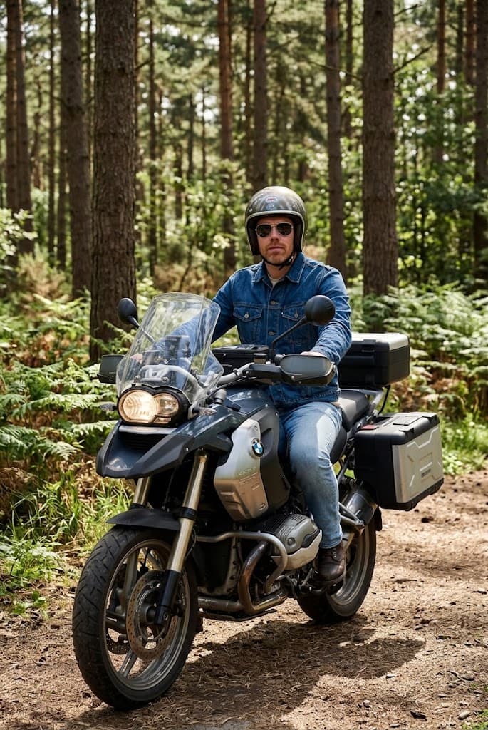 Rik de Gooijer on his BMW GS in the woods