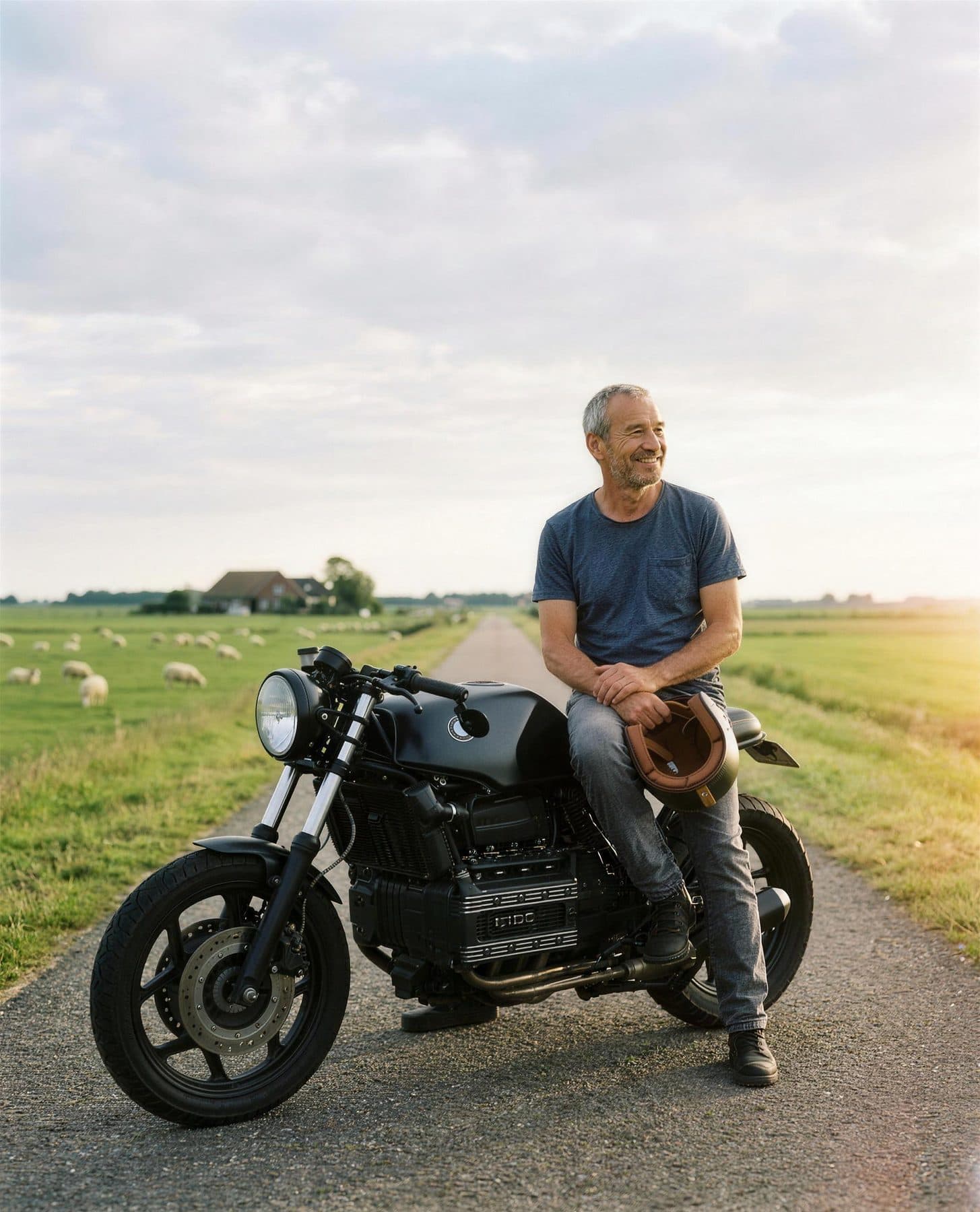 Mood image: Peter on his black BMW K100 on a dyke, in the evening light