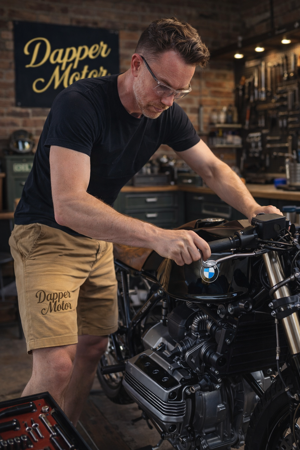 Rik de Gooijer aan het werk op BMW motorfiets in Dapper Motor workshop