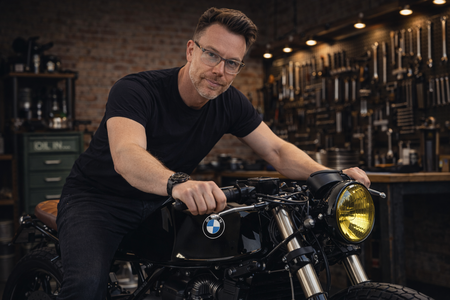 Vakman aan het werk op BMW motorfiets in Dapper Motor werkplaats